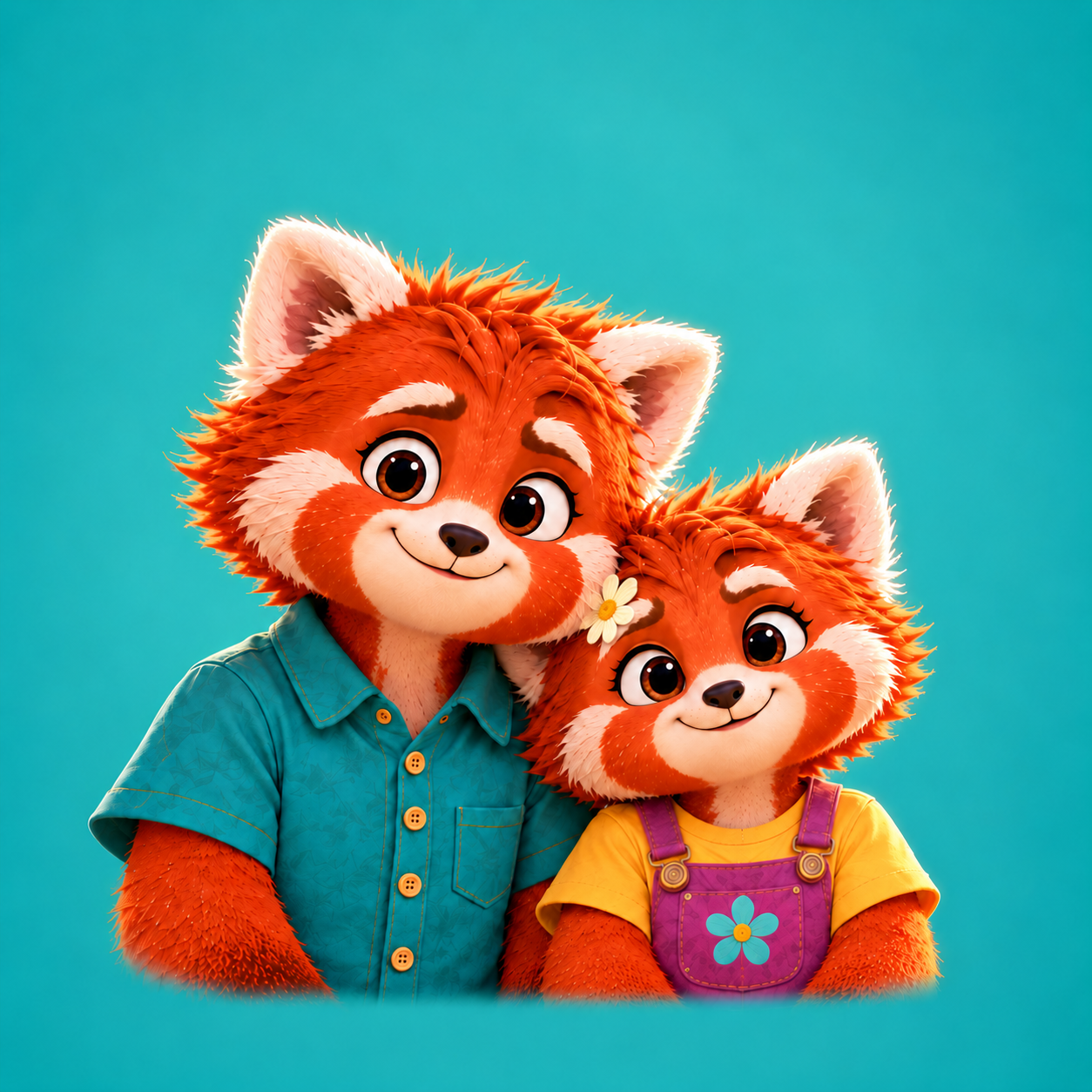 Tiko, the taller brother in teal, stands beside Tumble, his younger sister in yellow and plum with a pale daisy beside her right ear.